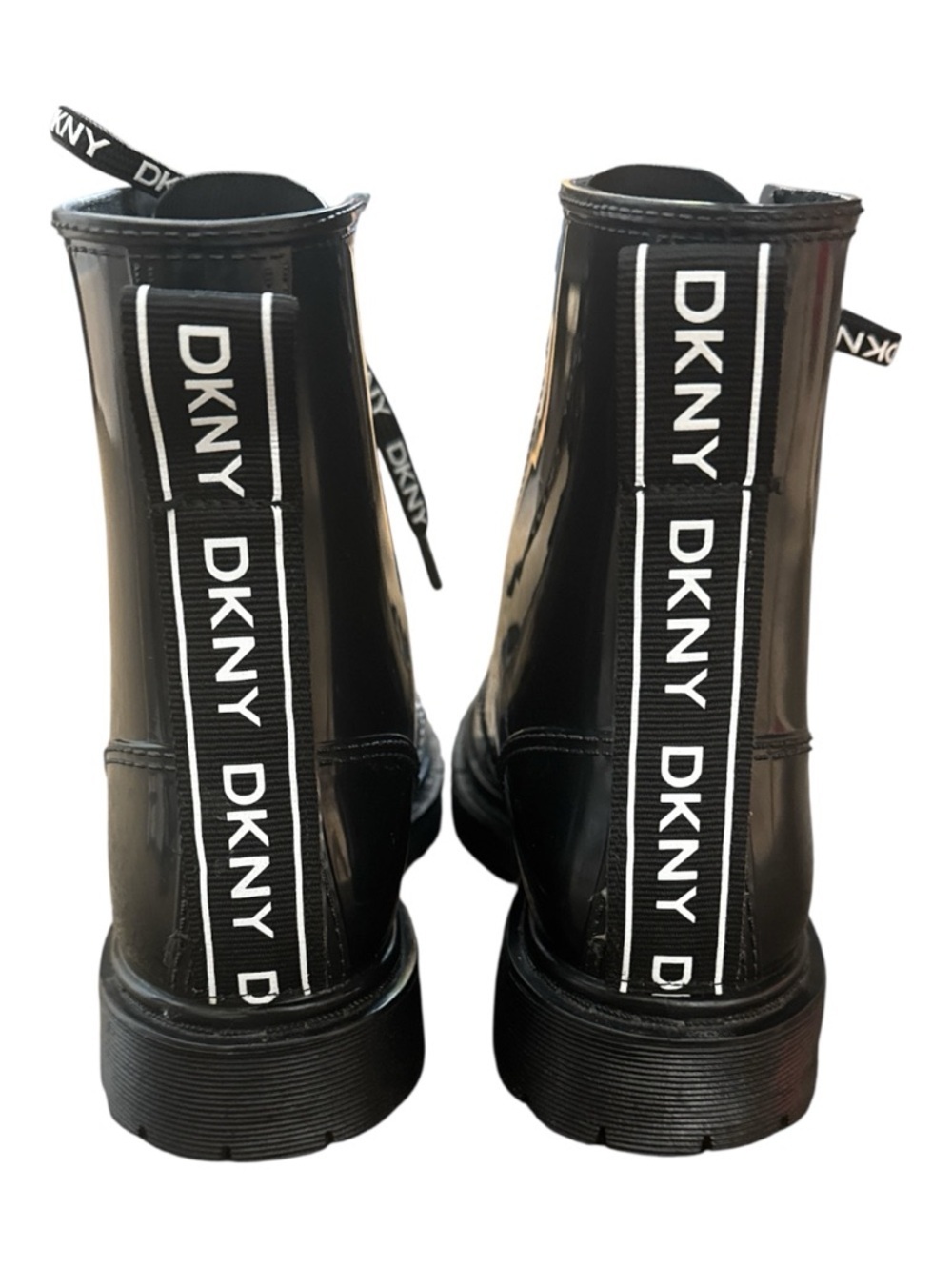 DKNY Tibby Black Vegan Patent Leather Logo Laced Combat Boho Moto Boots Sz 8 - Picture 4 of 14